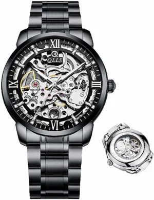 for Men Luminous Waterproof Wristwatch Leather (Black) Men Watch Luxury atom Skeleton Hollow Flywheel Automatic Watch 