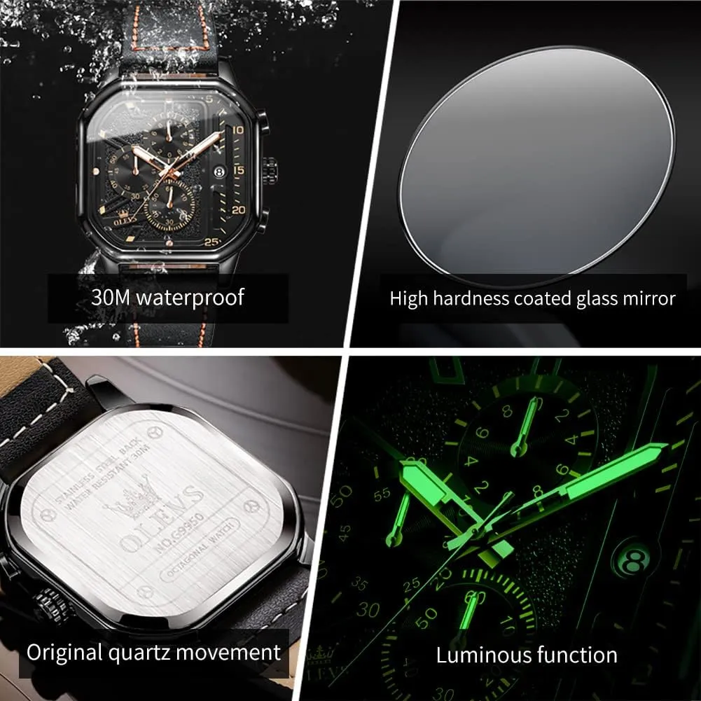 for Men Quartz Chronograph Leather Fashion Dress Watch Date Waterproof Luminous Casual Square Business emblem prelude disadvantage abundant charcoal Wrist Watches OLEVS Watches 