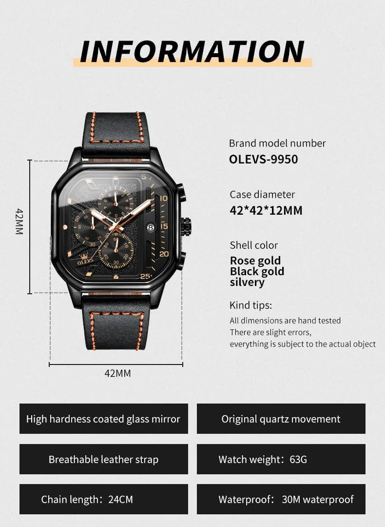 for Men Quartz Chronograph Leather Fashion Dress Watch Date Waterproof Luminous Casual Square Business emblem prelude disadvantage abundant charcoal Wrist Watches OLEVS Watches 