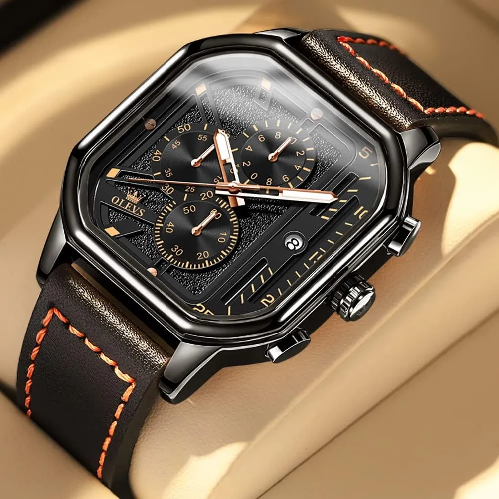 for Men Quartz Chronograph Leather Fashion Dress Watch Date Waterproof Luminous Casual Square Business emblem prelude disadvantage abundant charcoal Wrist Watches OLEVS Watches 