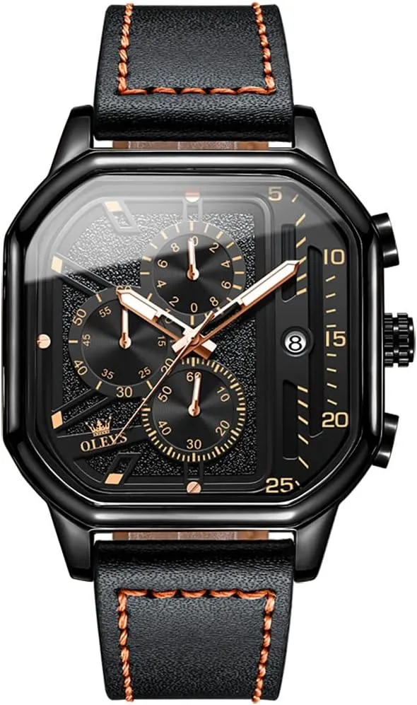 for Men Quartz Chronograph Leather Fashion Dress Watch Date Waterproof Luminous Casual Square Business emblem prelude disadvantage abundant charcoal Wrist Watches OLEVS Watches 
