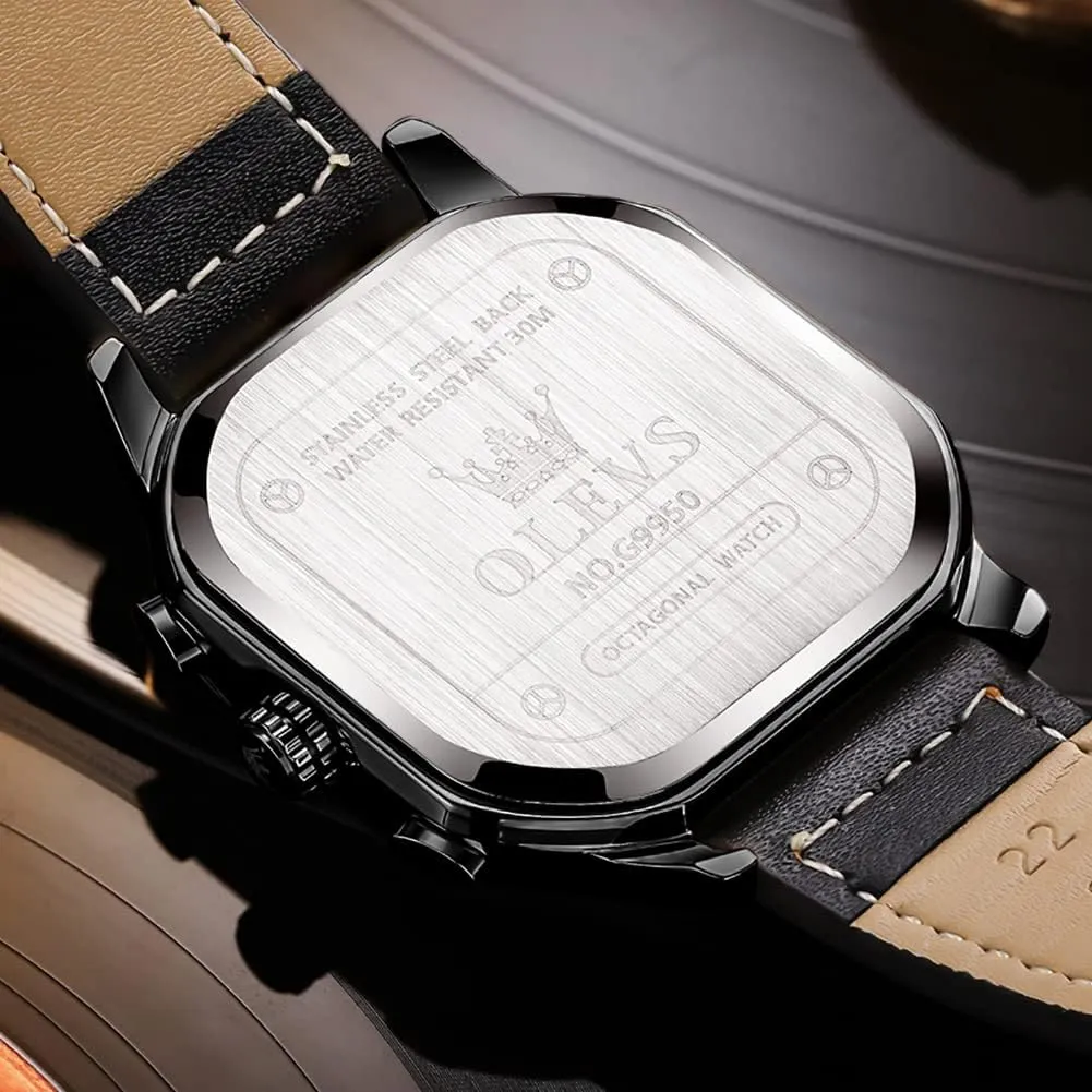 for Men Quartz Chronograph Leather Fashion Dress Watch Date Waterproof Luminous Casual Square Business emblem prelude disadvantage abundant charcoal Wrist Watches OLEVS Watches 
