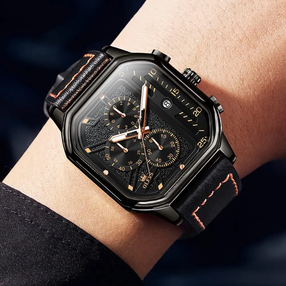 for Men Quartz Chronograph Leather Fashion Dress Watch Date Waterproof Luminous Casual Square Business emblem prelude disadvantage abundant charcoal Wrist Watches OLEVS Watches 