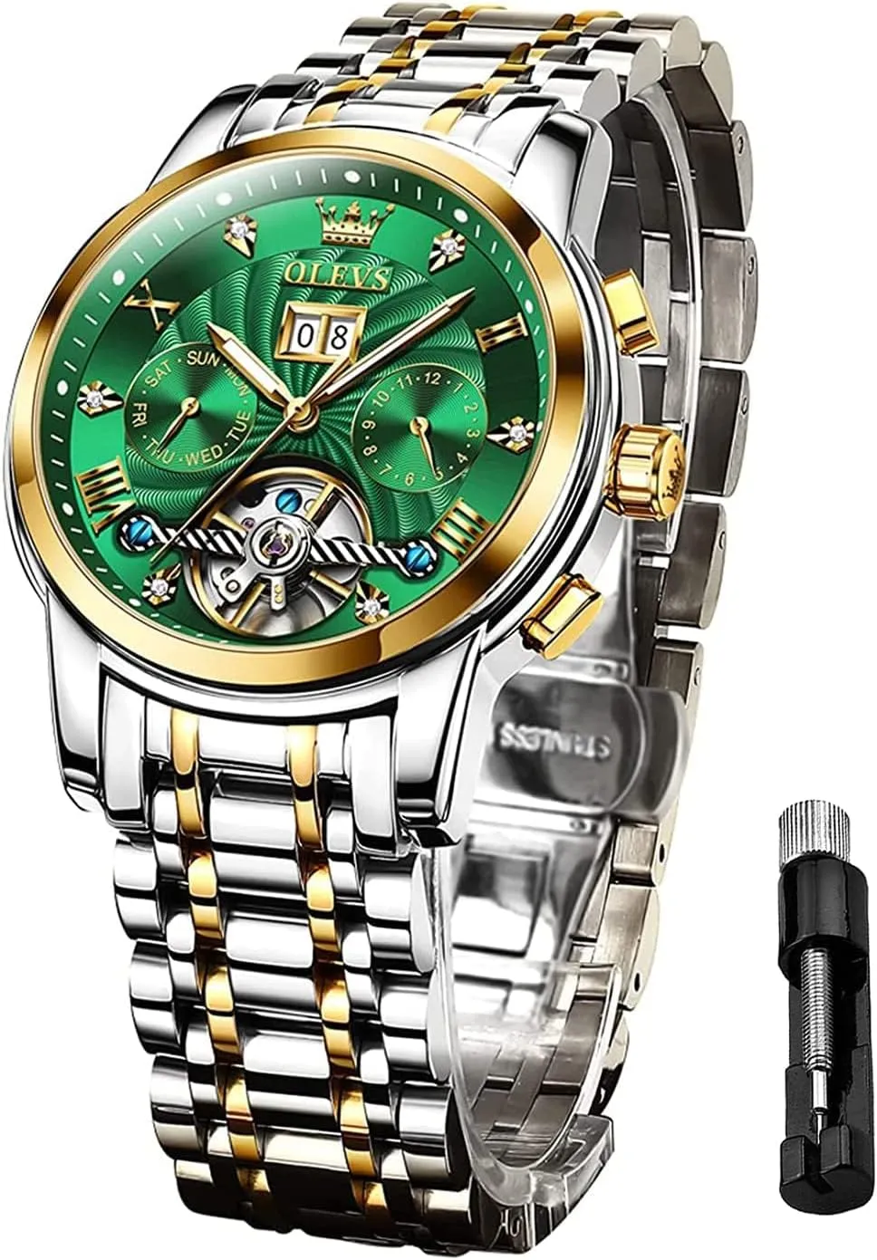 for Men Skeleton Business Dress Luminous Waterproof lure Diamond Week Month OLEVS Men Automatic Watch Mechanical Self Winding Watches 