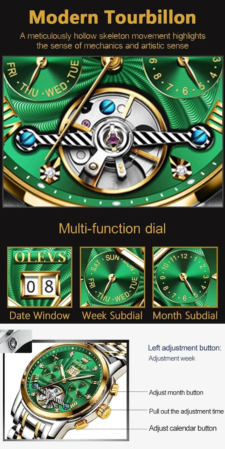 for Men Skeleton Business Dress Luminous Waterproof lure Diamond Week Month OLEVS Men Automatic Watch Mechanical Self Winding Watches 