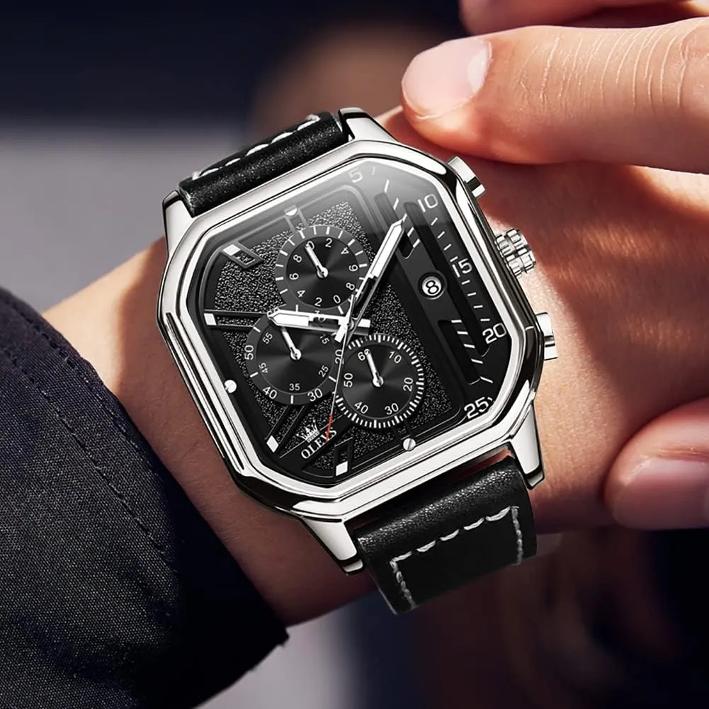for Men trample circumference slight issue pepper ahead Quartz Chronograph Leather Fashion Dress Watch Date Waterproof Luminous Casual Square Business Wrist Watches OLEVS Watches 