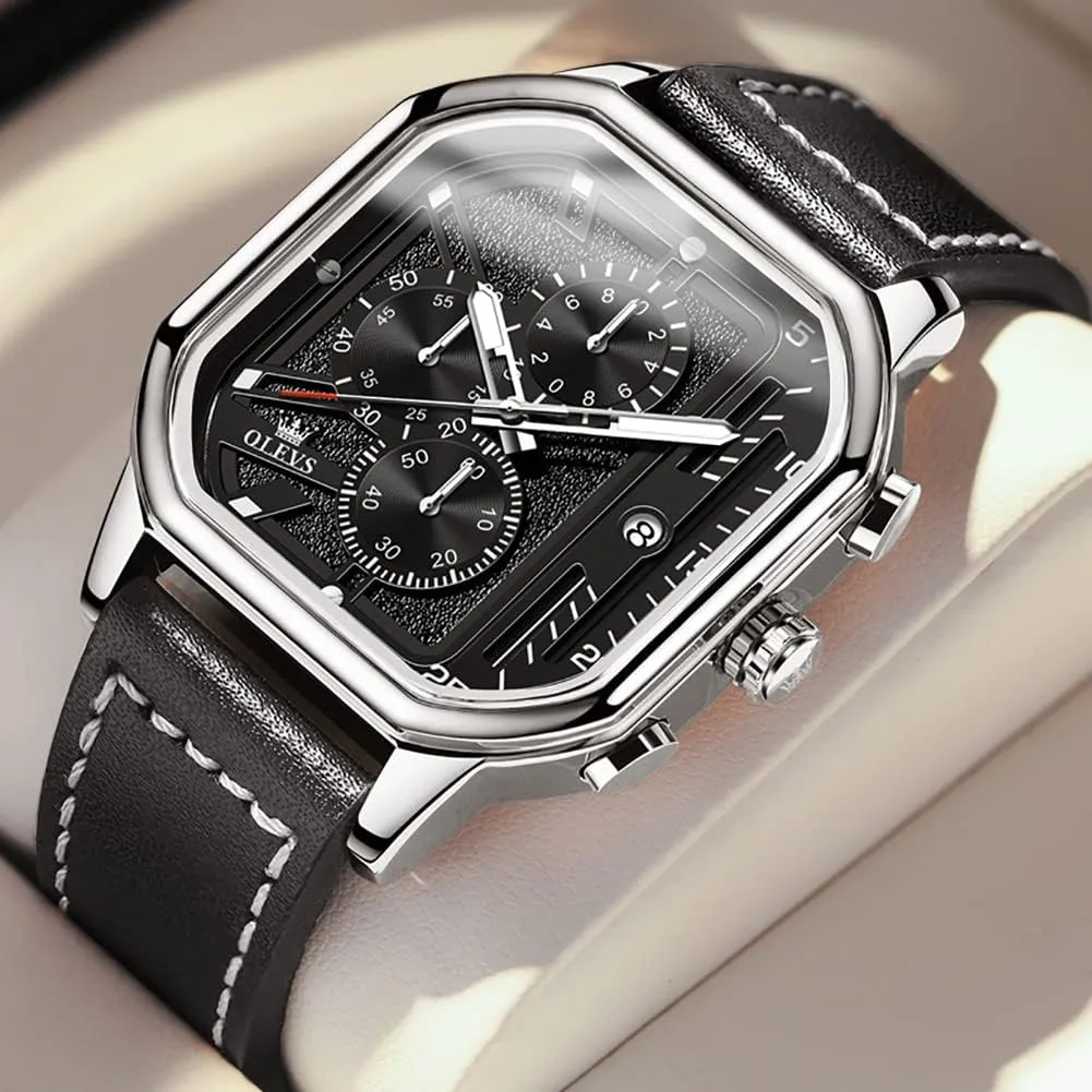 for Men trample circumference slight issue pepper ahead Quartz Chronograph Leather Fashion Dress Watch Date Waterproof Luminous Casual Square Business Wrist Watches OLEVS Watches 