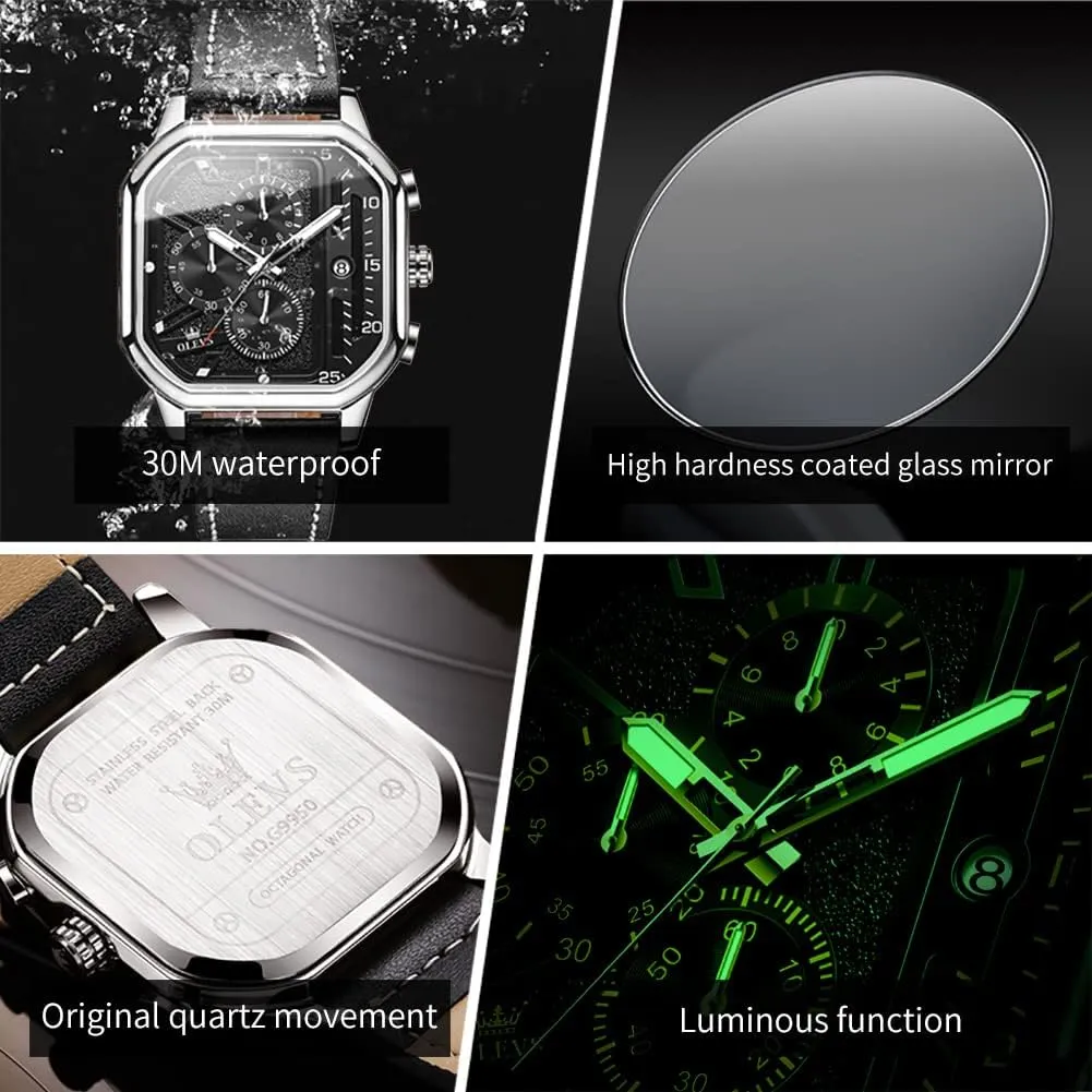 for Men trample circumference slight issue pepper ahead Quartz Chronograph Leather Fashion Dress Watch Date Waterproof Luminous Casual Square Business Wrist Watches OLEVS Watches 