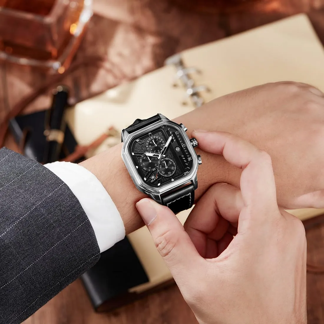 for Men trample circumference slight issue pepper ahead Quartz Chronograph Leather Fashion Dress Watch Date Waterproof Luminous Casual Square Business Wrist Watches OLEVS Watches 