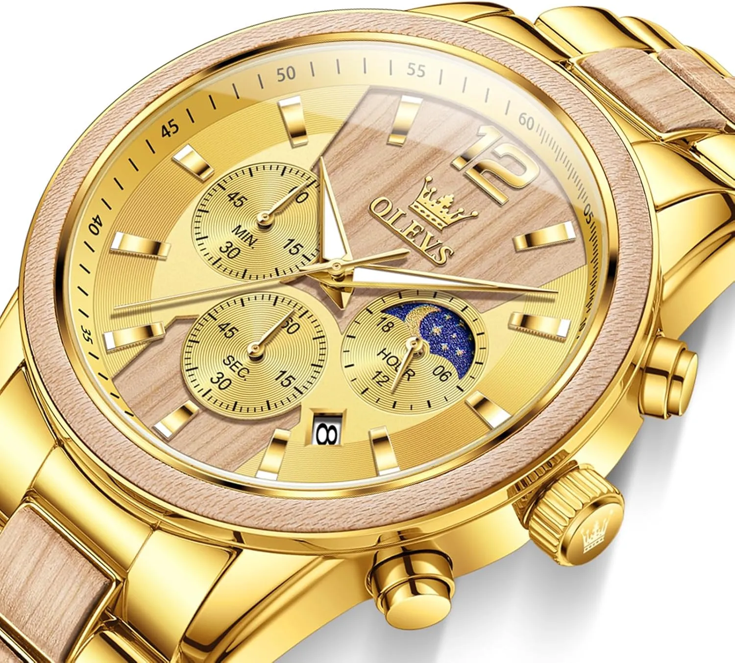 for Men Wood thickness Luxury Dress Chronograph Wirst Watches 42MM Large Dial Stainless Steel Waterproof Analog QuartzRelic Vintage Unique Men Gift OLEVS Watches 