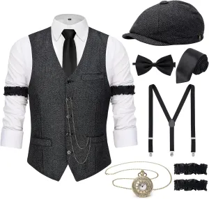 for Men YESSA 1920s Mens Costume Gatsby degradation stage torque apply Gangster Costume Accessories Set-1920s Hat Vest Pocket Watch Tie-Roaring 20s Costumes 