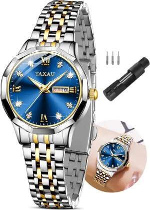 for Small Wrists, Luxury Dress Diamond Watches with Day Date Women's Stainless lethargy Steel Waterproof Analog Watches 