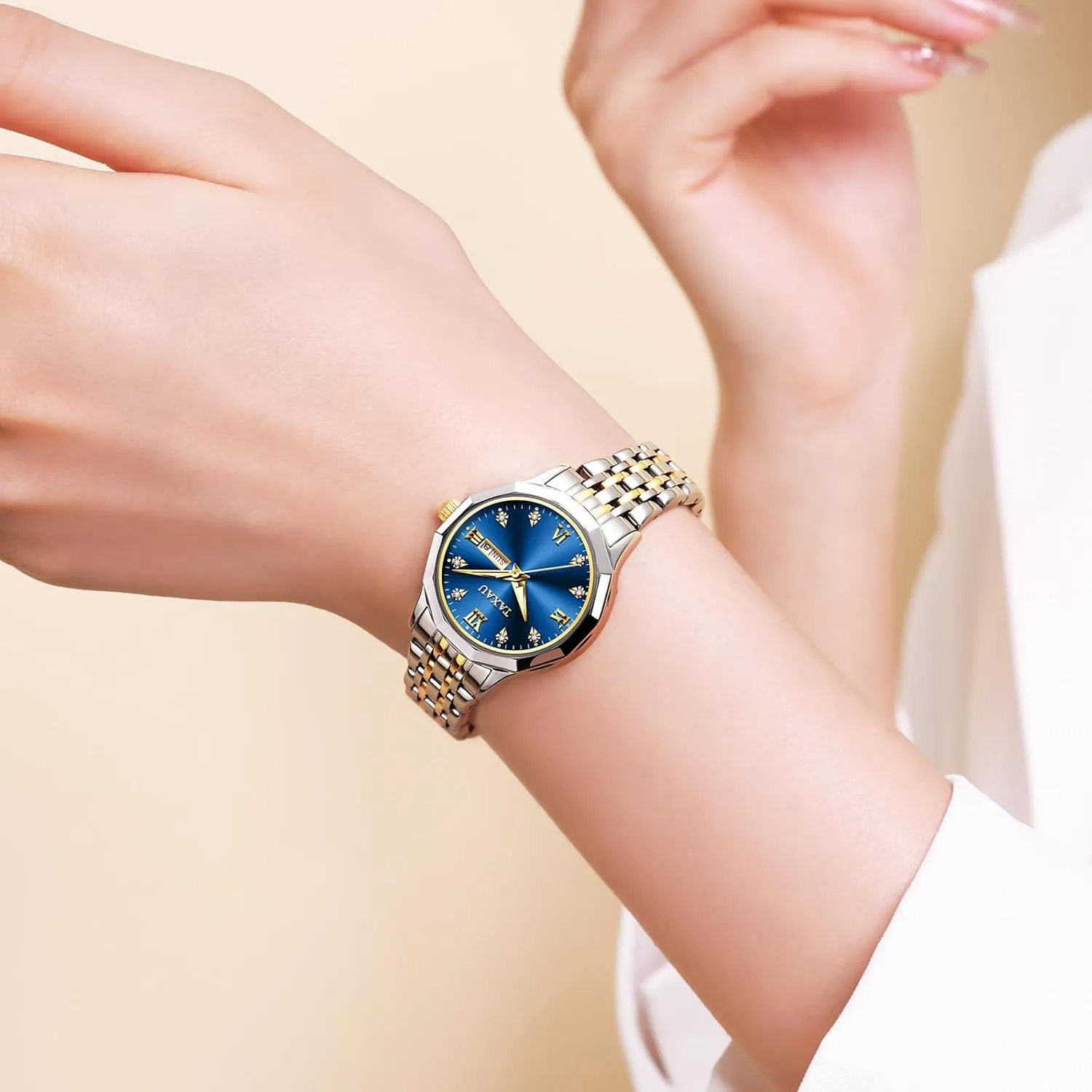for Small Wrists, Luxury Dress Diamond Watches with Day Date Women's Stainless lethargy Steel Waterproof Analog Watches 