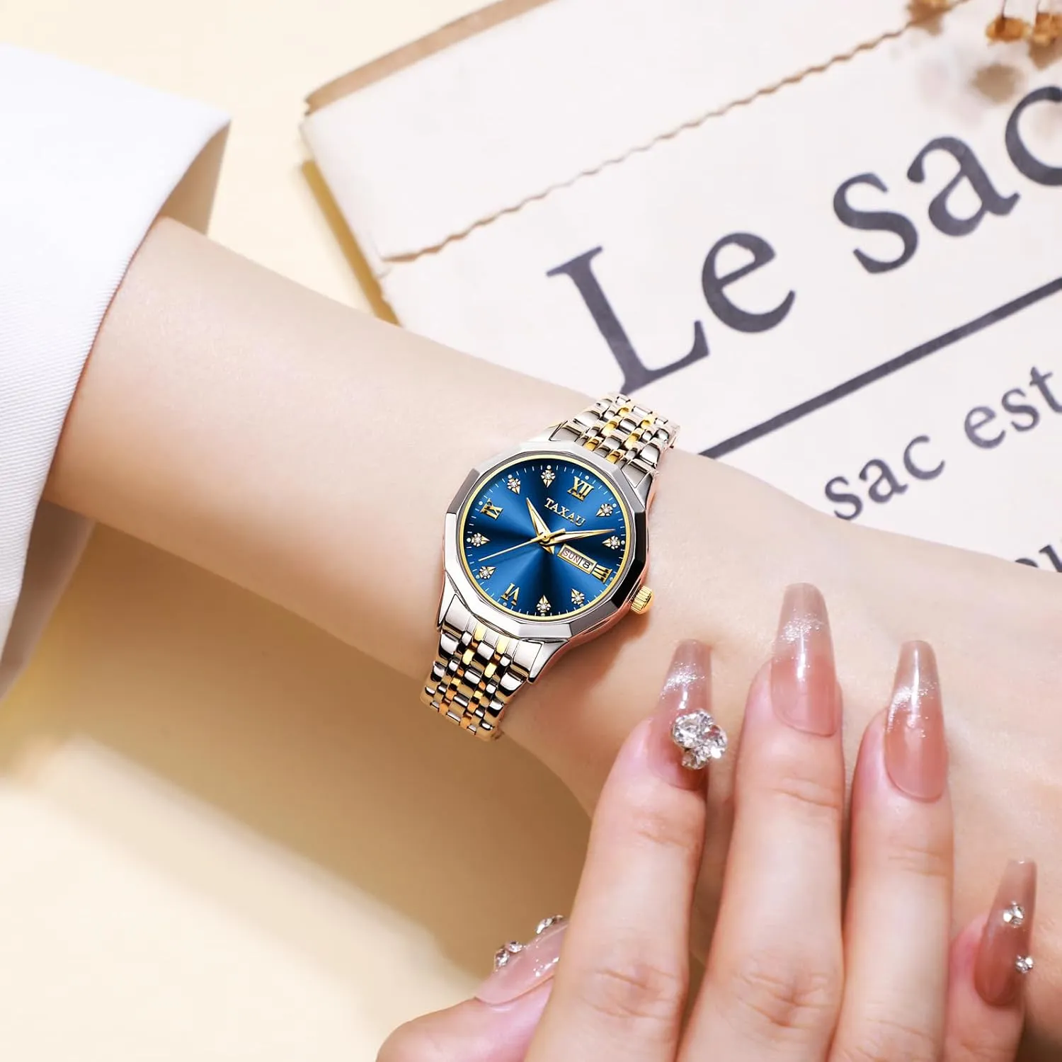 for Small Wrists, Luxury Dress Diamond Watches with Day Date Women's Stainless lethargy Steel Waterproof Analog Watches 