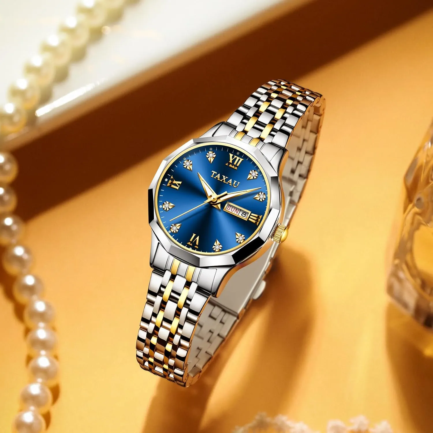 for Small Wrists, Luxury Dress Diamond Watches with Day Date Women's Stainless lethargy Steel Waterproof Analog Watches 