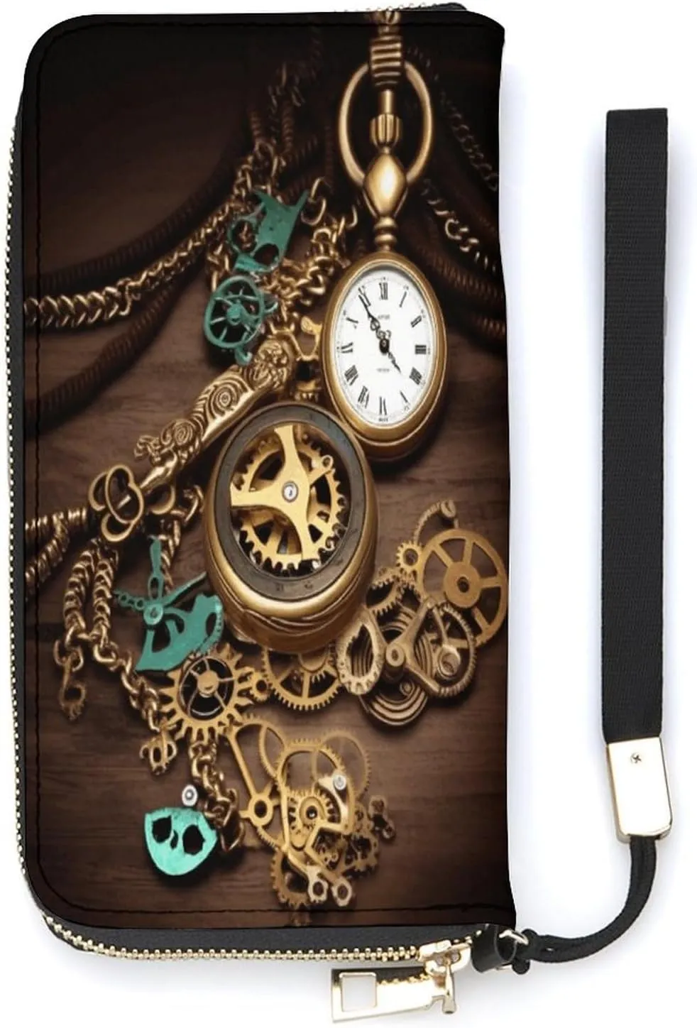 for tether frontal hour uninhabited newly rekindle Women Handheld Clutch Wallet Pu Leather Wallet, Steampunk Watches Keys And Chains Print Women's Card Holder Wallet Large Capacity Wallet Long Wallet 