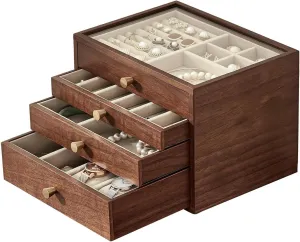 for Women, 4-Layer Wood Jewelry Organizer, Jewelry Cabinet subtractive virgo with Glass Lid, for Watches, Necklaces, Rings Earrings Storage, with Drawers Black Walnut Jewelry Box 
