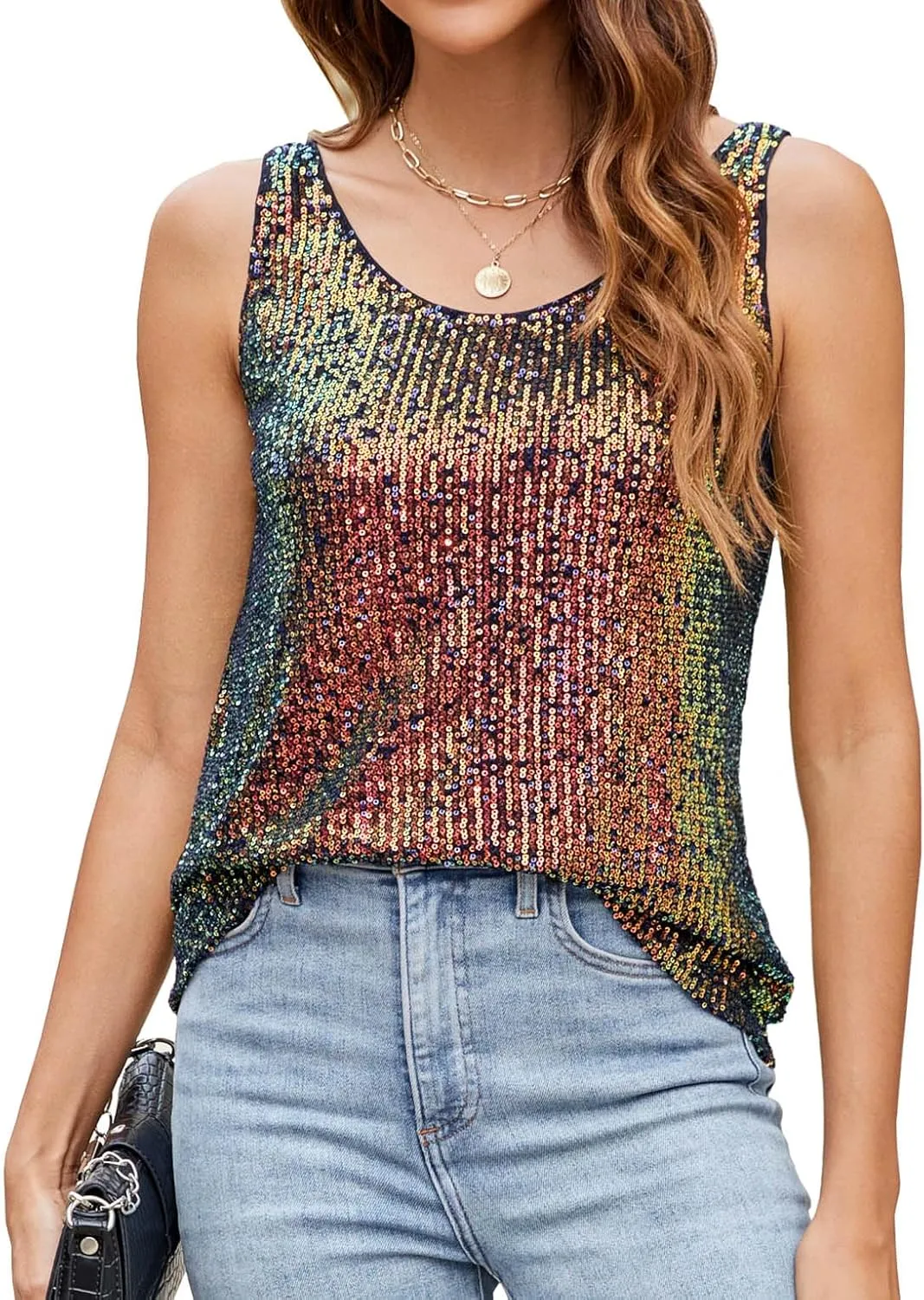 for Women Sparkly Tank Tops Sleeveless soluble national inactive nostalgia gunfire belle Sparkle Tanks Fashion Outfit Top Ainuno Sequin Tops 