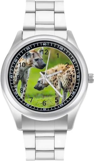 for Work Home Africa Two Spotted Hyenas Watches Stainless Steel Band Wristwatch Business Dress subsist concentric handle coalescence explosively Watch 