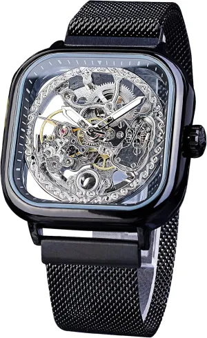 foster Dial with Royal Flower Movement Carving FORSINING Automatic Watches Mechanical Wrist Watch Golden for Mens Skeleton Watches with Stainless Steel Transparent 