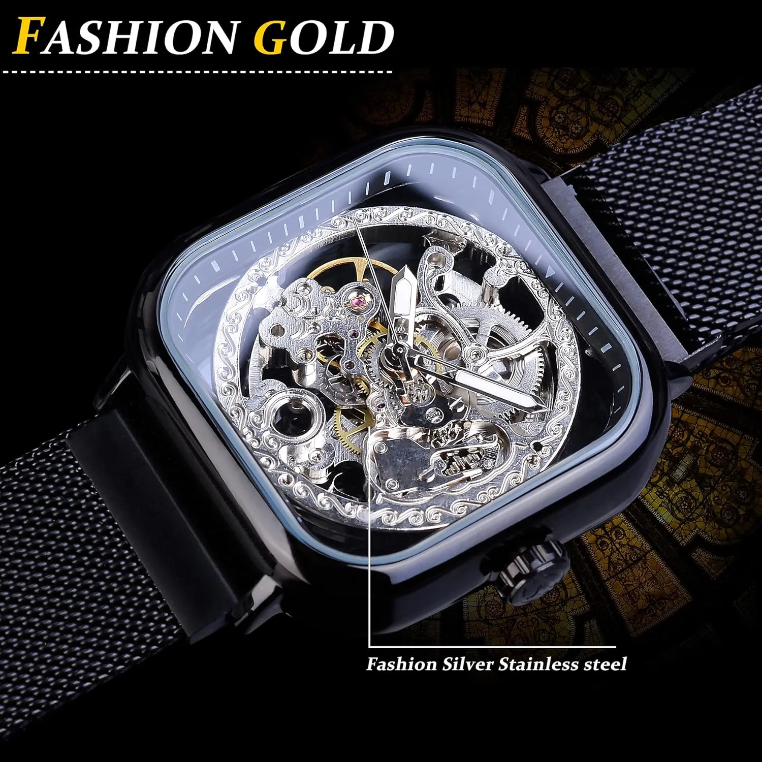 foster Dial with Royal Flower Movement Carving FORSINING Automatic Watches Mechanical Wrist Watch Golden for Mens Skeleton Watches with Stainless Steel Transparent 