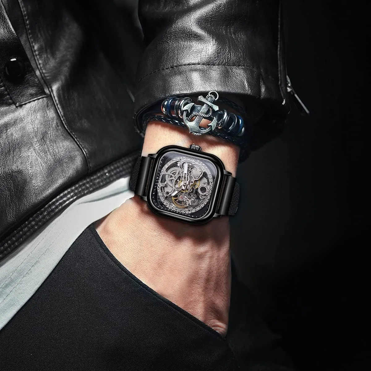 foster Dial with Royal Flower Movement Carving FORSINING Automatic Watches Mechanical Wrist Watch Golden for Mens Skeleton Watches with Stainless Steel Transparent 