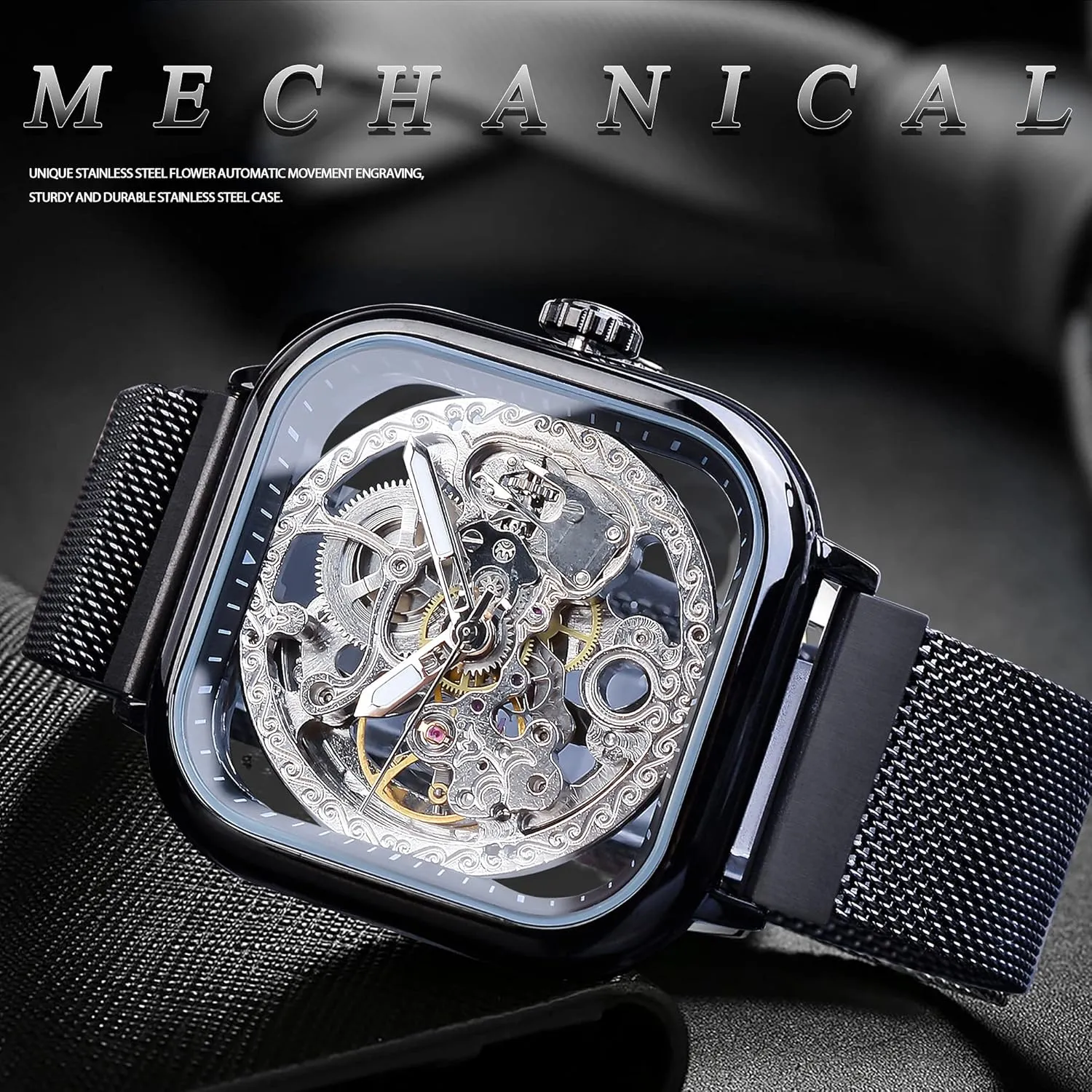 foster Dial with Royal Flower Movement Carving FORSINING Automatic Watches Mechanical Wrist Watch Golden for Mens Skeleton Watches with Stainless Steel Transparent 