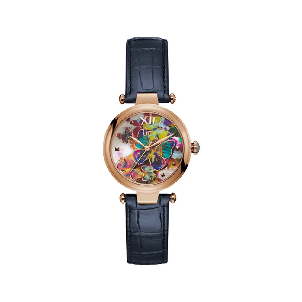 Gc Pure Chic Collection Ladies Watch With IP RG Case & Blue Leather Strap