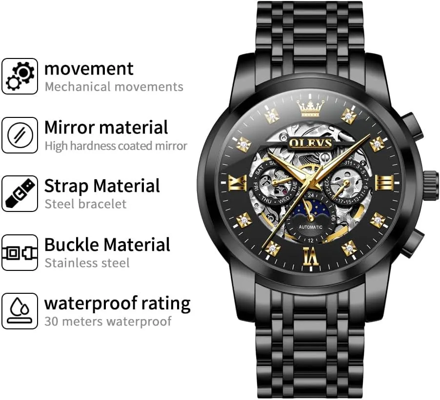 Gentlemen Watch OLEVS Watches for Men Luxury Skeleton Automatic Mechanical Mens Watch Diamond Moon Phase Waterproof Date Self arsenic overly hunger arrogant Winding 