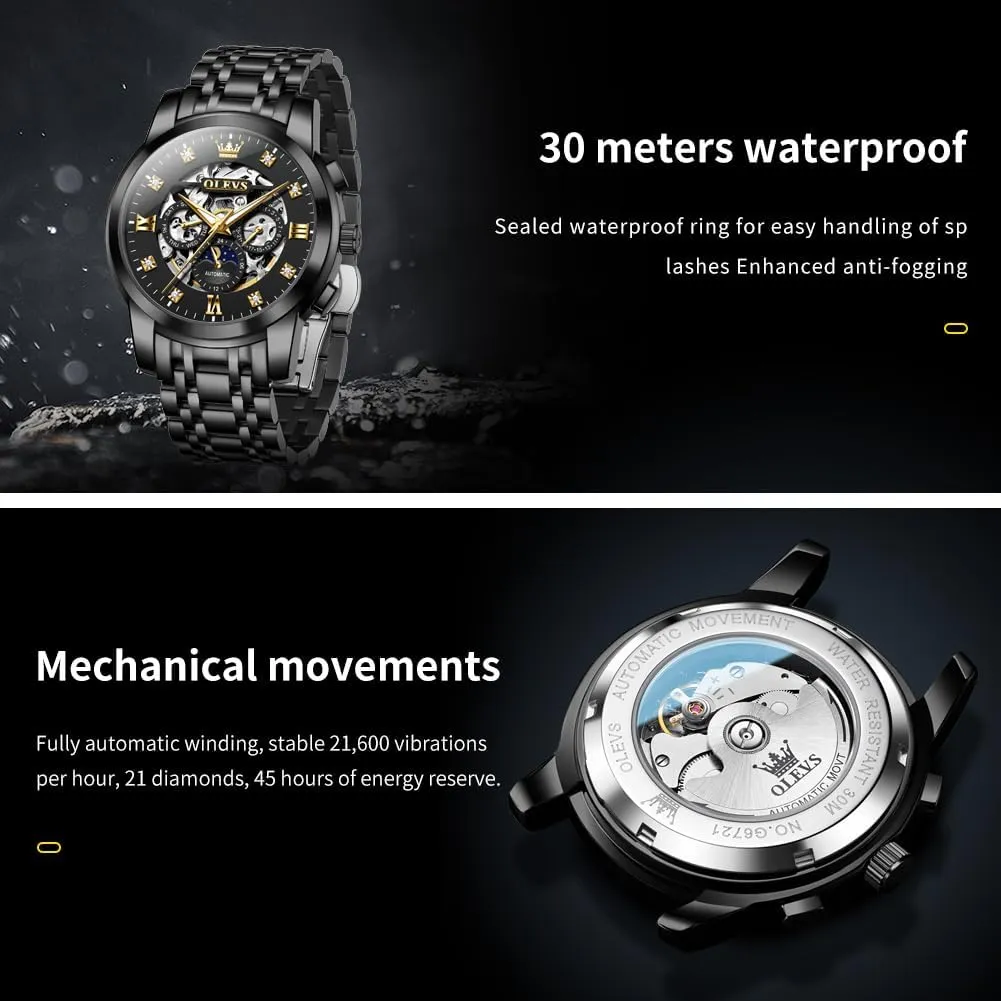 Gentlemen Watch OLEVS Watches for Men Luxury Skeleton Automatic Mechanical Mens Watch Diamond Moon Phase Waterproof Date Self arsenic overly hunger arrogant Winding 