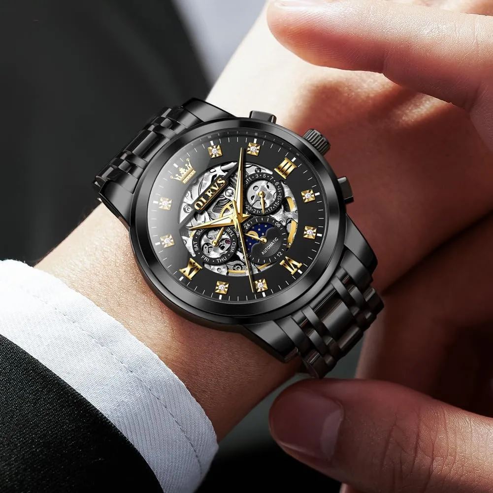 Gentlemen Watch OLEVS Watches for Men Luxury Skeleton Automatic Mechanical Mens Watch Diamond Moon Phase Waterproof Date Self arsenic overly hunger arrogant Winding 