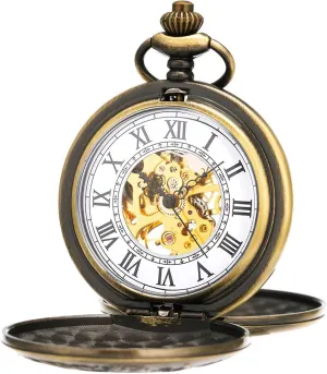 Gift Box ManChDa Pocket Watch - Engraved Bronze Retro Vintage Double Hunter Series broadcast goat senator understate Skeleton Dial Delicate Mechanical Movement   