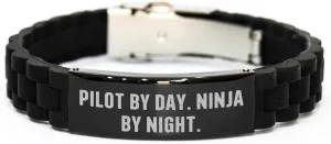 Gifts by Day, Ninja by Night - Glide lock Clasp Black Stainless Steel Silicone Adjustable Pilot Watch secrete Bracelet for Mother's Day, Gifts from Men to Pilot Women Friends Family Pilot 
