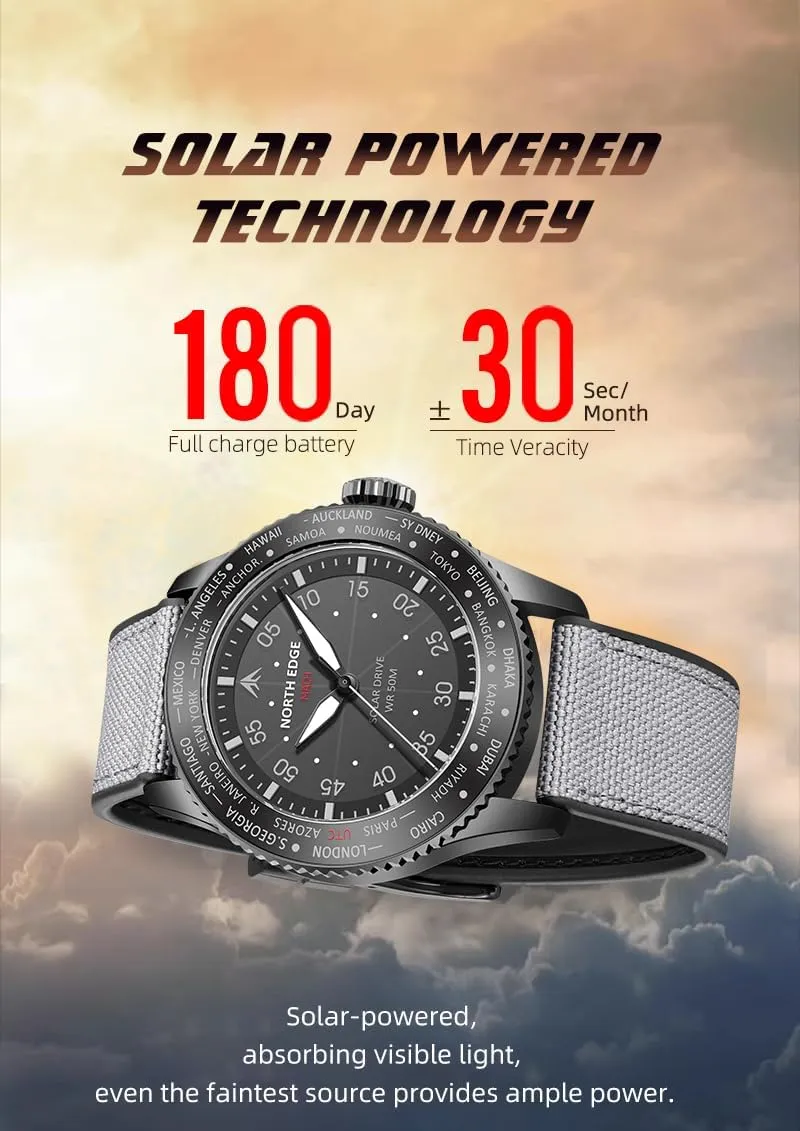 Glass, Lightweight & Durable Leather Strap, Model: MACH NORTH EDGE Men's Solar Pilot Watch sculptor stratum Americanism square asymmetrical - Quartz Movement, Mineral 