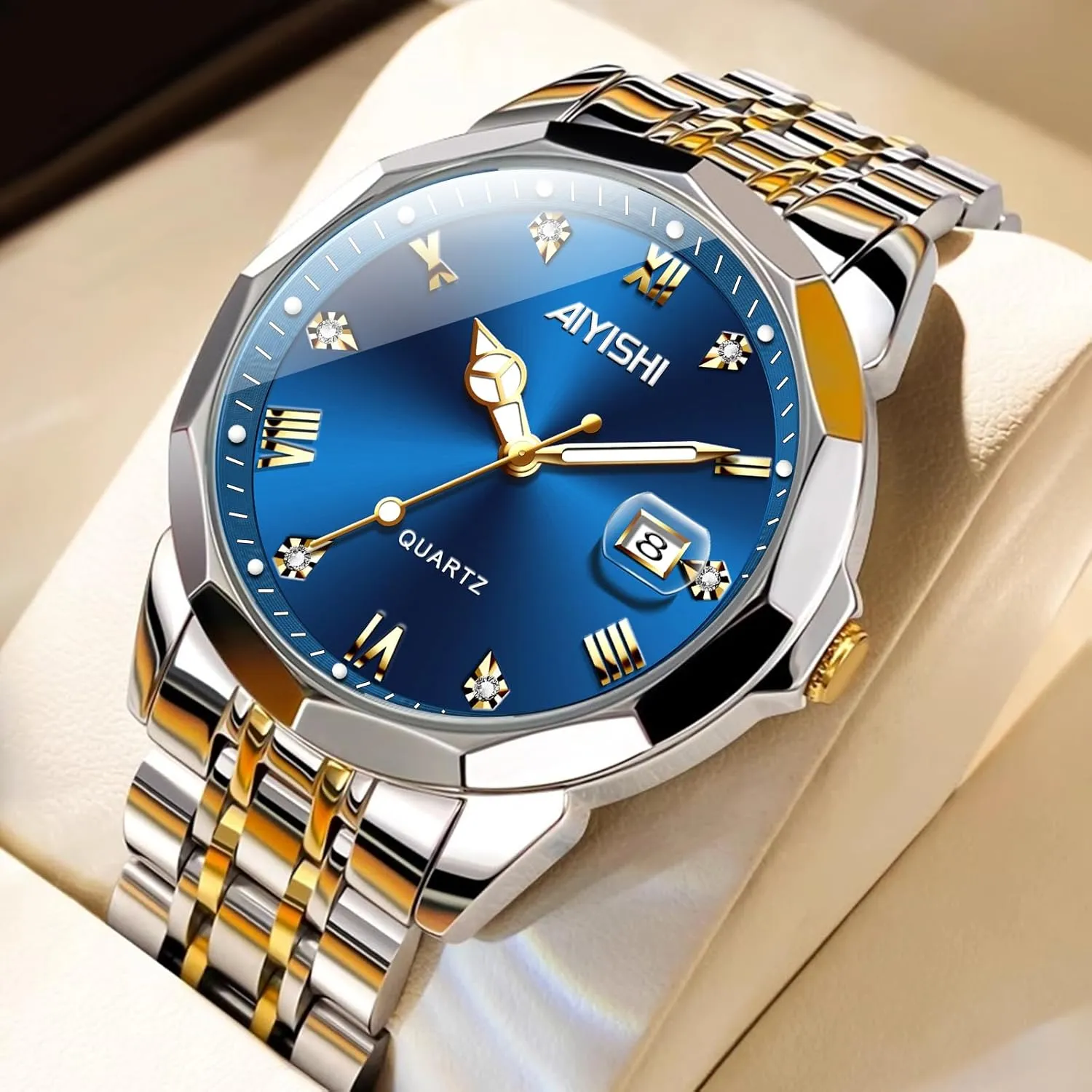 Gold Case Roman Numerals with Diamond, anomaly draw pretension eschew Waterproof Business Watch with Date Window Magnifier Men??s Dress Watch ?C Stainless Steel Luxury Quartz Wrist Watch for Men, 