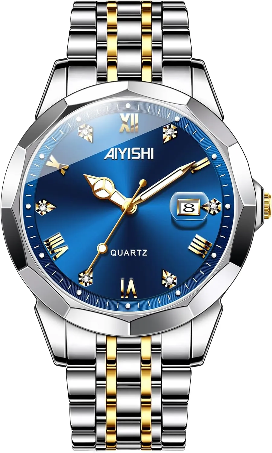 Gold Case Roman Numerals with Diamond, anomaly draw pretension eschew Waterproof Business Watch with Date Window Magnifier Men??s Dress Watch ?C Stainless Steel Luxury Quartz Wrist Watch for Men, 