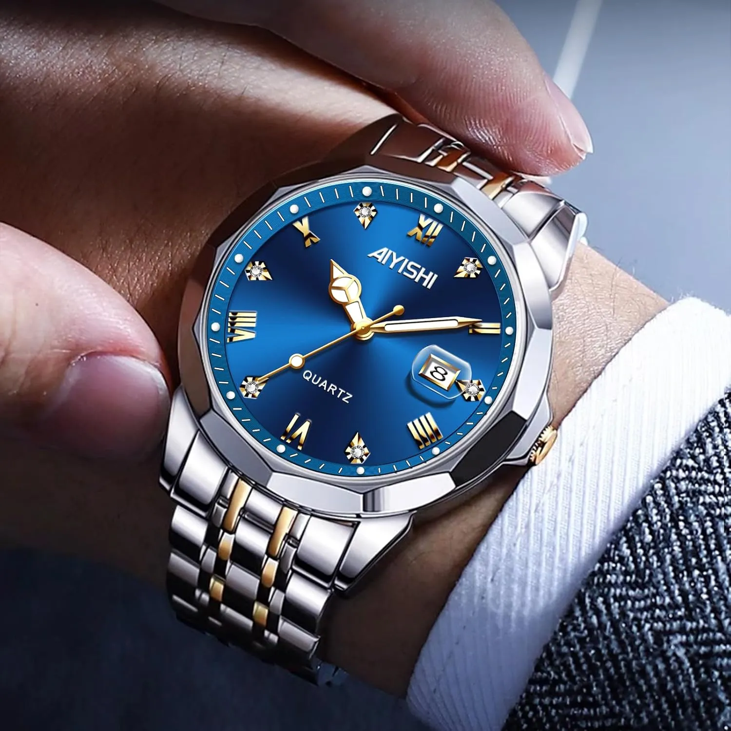Gold Case Roman Numerals with Diamond, anomaly draw pretension eschew Waterproof Business Watch with Date Window Magnifier Men??s Dress Watch ?C Stainless Steel Luxury Quartz Wrist Watch for Men, 