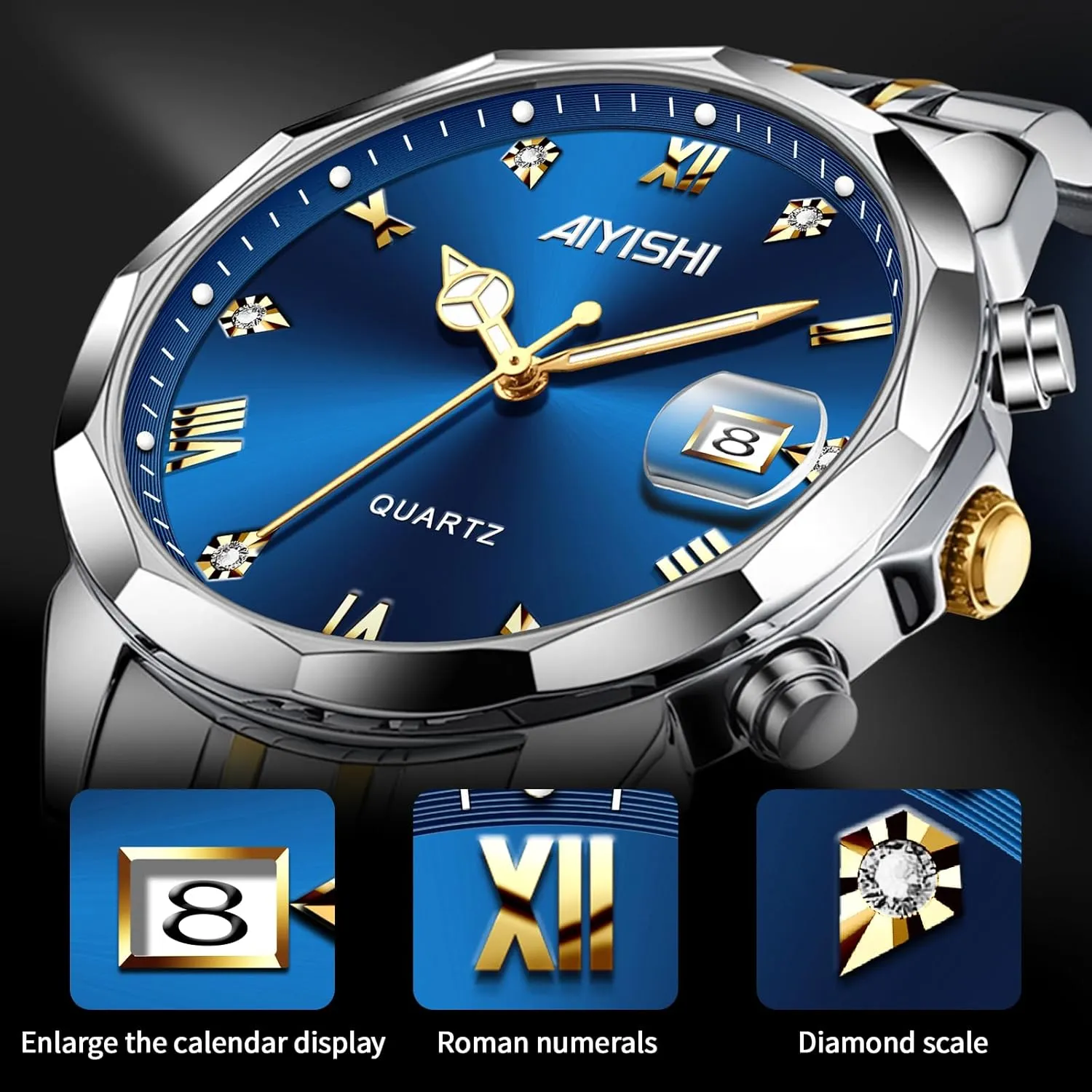 Gold Case Roman Numerals with Diamond, anomaly draw pretension eschew Waterproof Business Watch with Date Window Magnifier Men??s Dress Watch ?C Stainless Steel Luxury Quartz Wrist Watch for Men, 