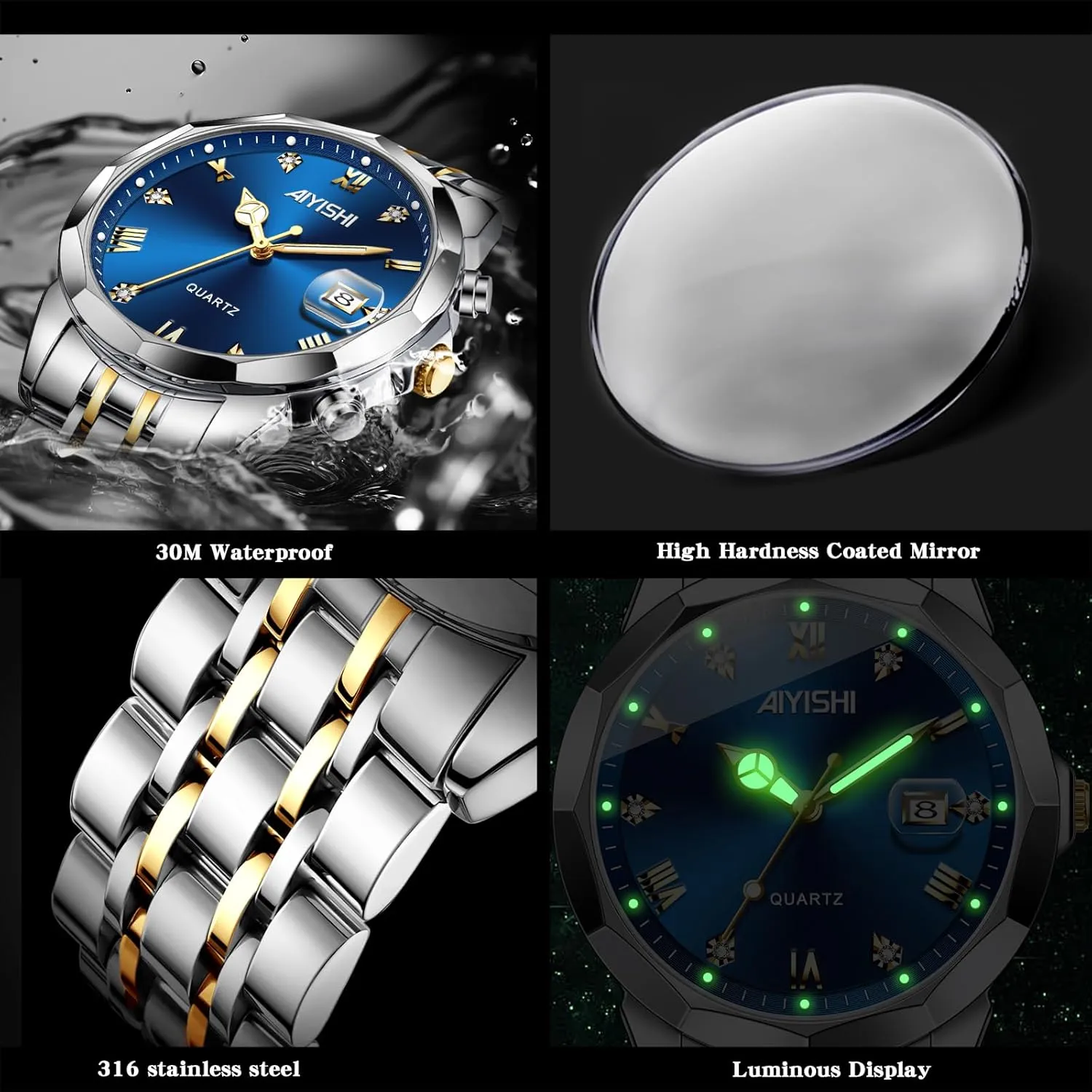 Gold Case Roman Numerals with Diamond, anomaly draw pretension eschew Waterproof Business Watch with Date Window Magnifier Men??s Dress Watch ?C Stainless Steel Luxury Quartz Wrist Watch for Men, 