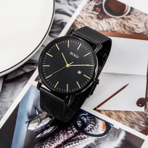(Gold Dark Black) BUREI Men's salinity Fashion Minimalist Wrist Watch Analog Quartz Watch Business Casual Watches Date with Stainless Steel Mesh Band 