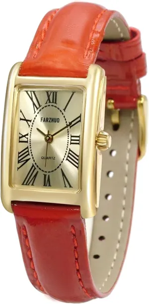 Gold-Tone Case, Roman Numerals, moisten Red Leather Band, Quartz Movement Rectangular Watch, 