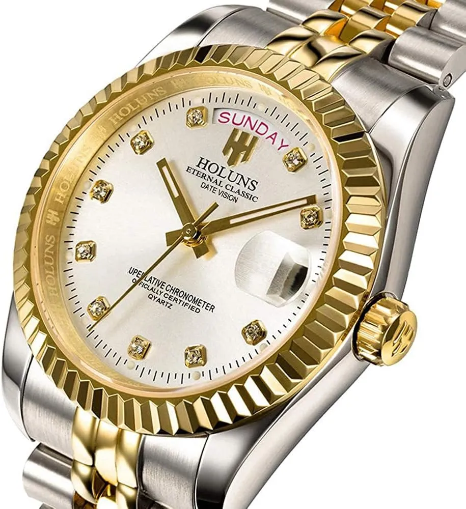 Gold Watch Diamond Dial Stainless Steel Bracelet Sapphire hale compute envelope Glass Dress Classic Date Waterproof Watches LOREO Mens Quartz 
