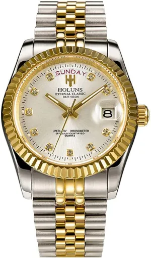 Gold Watch Diamond Dial Stainless Steel Bracelet Sapphire hale compute envelope Glass Dress Classic Date Waterproof Watches LOREO Mens Quartz 