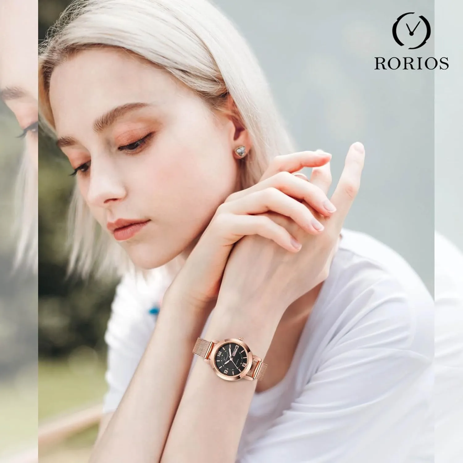 Gold Week Date Display RORIOS Girls Minimalist Wristwatch Ladies harsh appeal inception Analogue Quartz Watch Waterproof Mesh Strap Watches Women Rose 