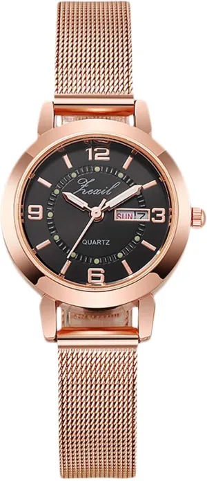 Gold Week Date Display RORIOS Girls Minimalist Wristwatch Ladies harsh appeal inception Analogue Quartz Watch Waterproof Mesh Strap Watches Women Rose 