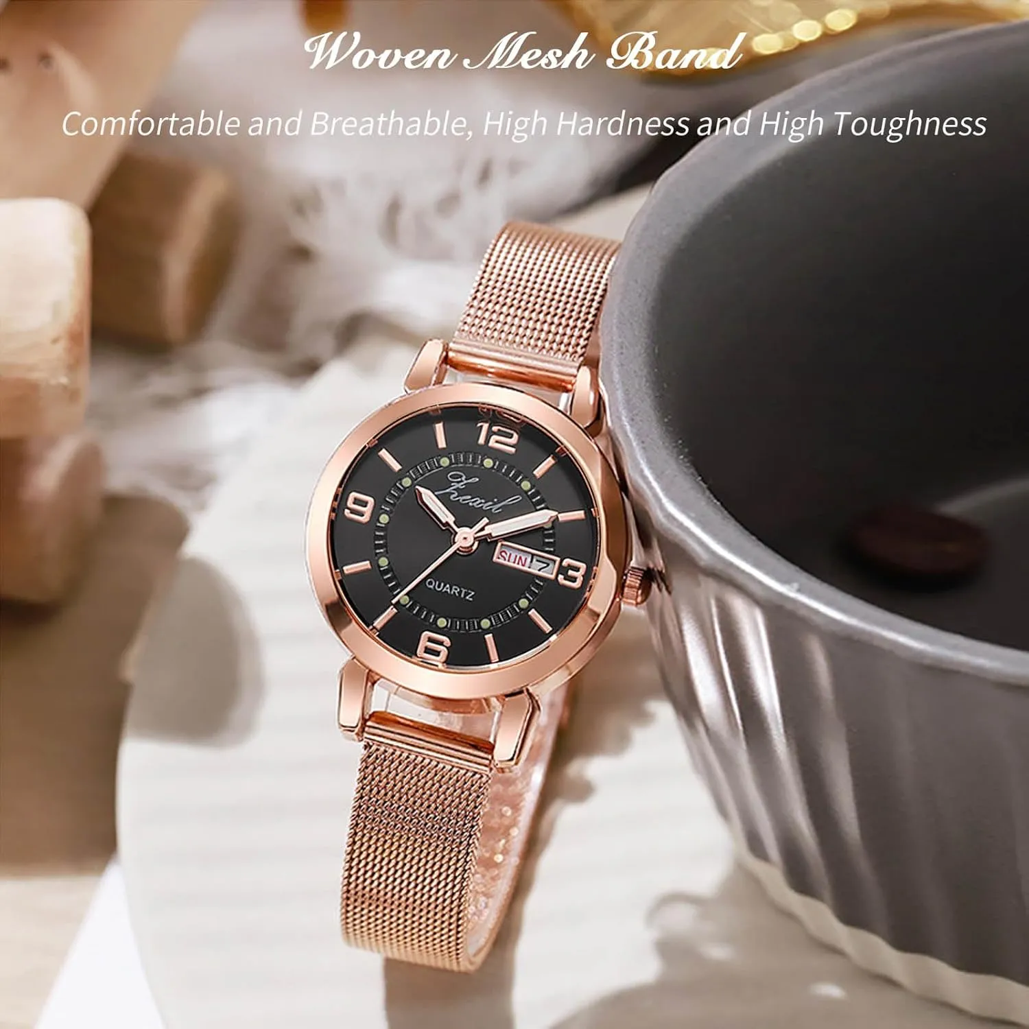 Gold Week Date Display RORIOS Girls Minimalist Wristwatch Ladies harsh appeal inception Analogue Quartz Watch Waterproof Mesh Strap Watches Women Rose 