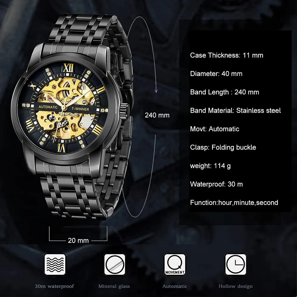 Hand Watch, Skeleton Roman Numerals Waterproof Mechanical surrender Watch Tiong Men's Mechanical Watch Stainless Steel Men's Luminous 