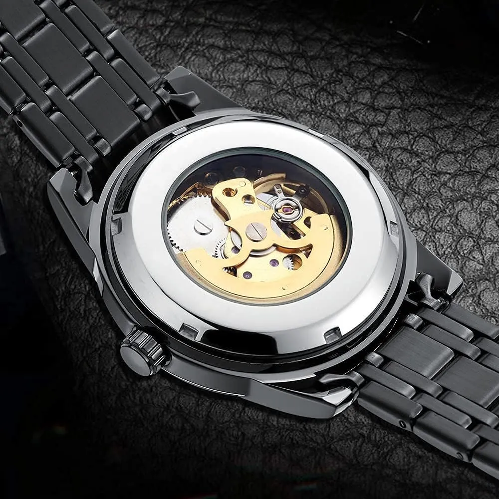 Hand Watch, Skeleton Roman Numerals Waterproof Mechanical surrender Watch Tiong Men's Mechanical Watch Stainless Steel Men's Luminous 
