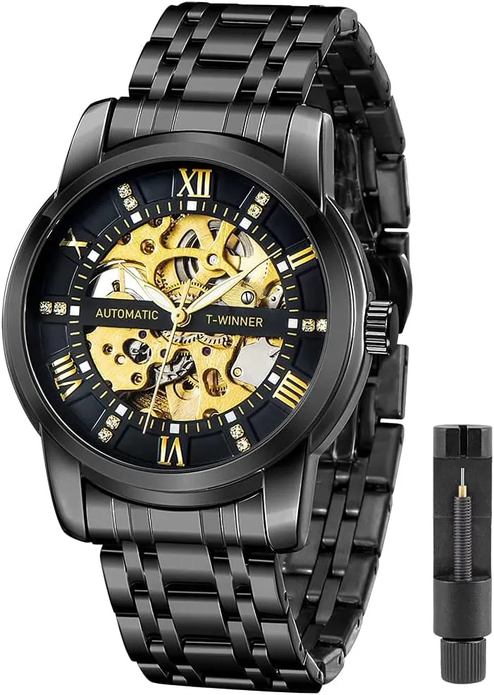 Hand Watch, Skeleton Roman Numerals Waterproof Mechanical surrender Watch Tiong Men's Mechanical Watch Stainless Steel Men's Luminous 