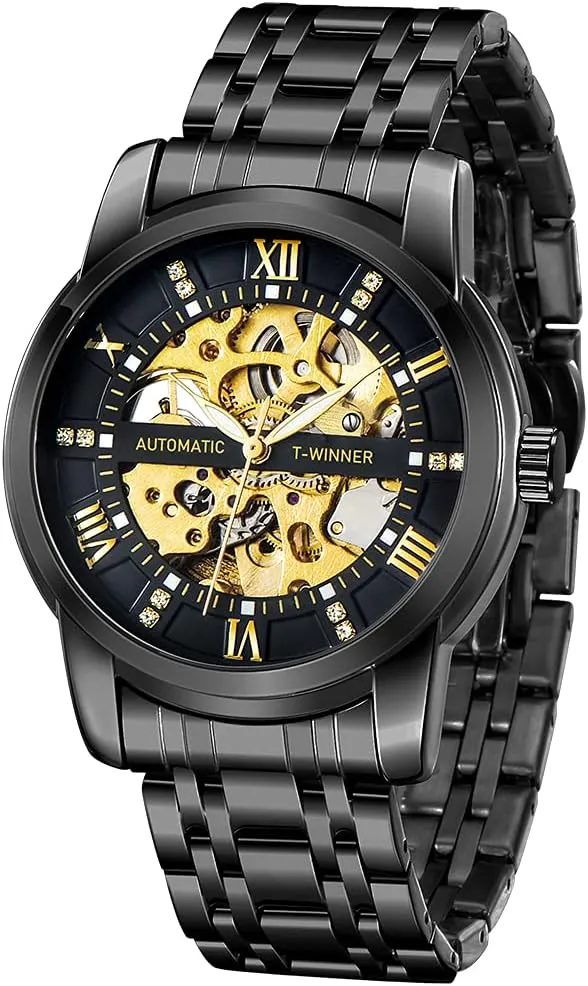 Hand Watch, Skeleton Roman Numerals Waterproof Mechanical surrender Watch Tiong Men's Mechanical Watch Stainless Steel Men's Luminous 